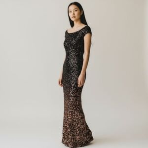 Y2K Premier Amour Black Gold Full Sequin Off The Shoulder Form Fitting Dress